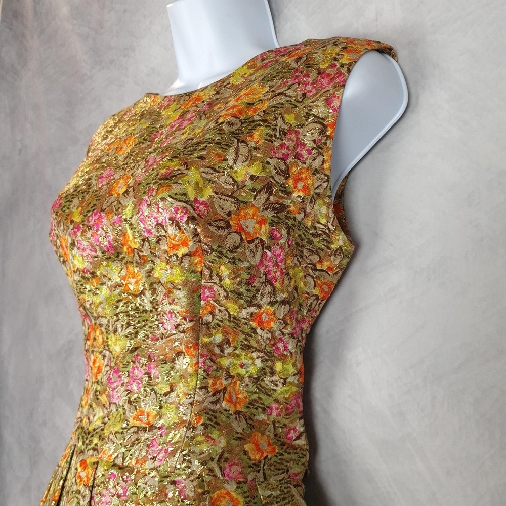 Vintage Suzy Perette Dress Womens Small Floral Metallic Jacquard Fit Flare 60s - Picture 4 of 16